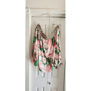 NWT Blouse Floral Resortwear Vacation Fairycore Plus Size Pink Green Preppy